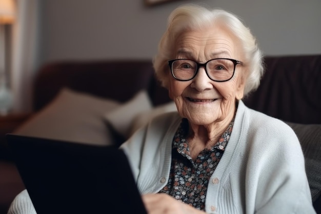 Retrato de una mujer mayor alegre llevando una computadora portátil en casa