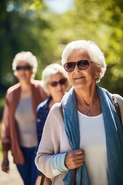 Foto retrato de una mujer mayor en una caminata por la tarde con amigos