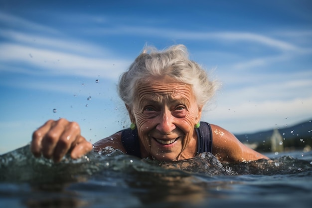 Retrato de una mujer mayor disfrutando de un baño en el lago Ai generativo