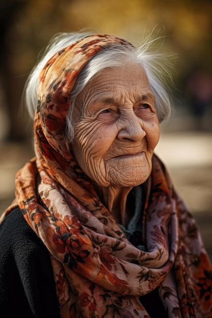 Retrato de una mujer mayor disfrutando de un día en el parque creado con IA generativa