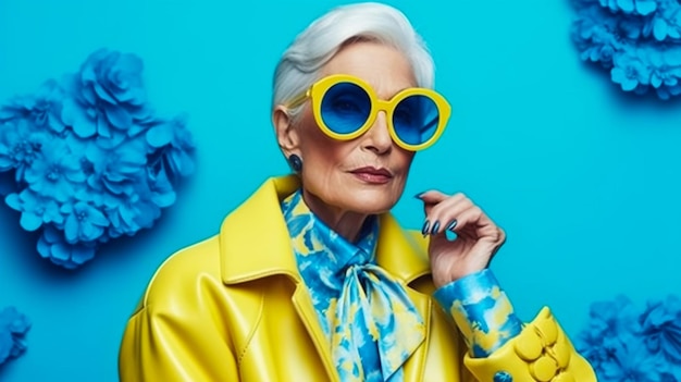 Retrato de una mujer mayor divertida sobre fondo de color