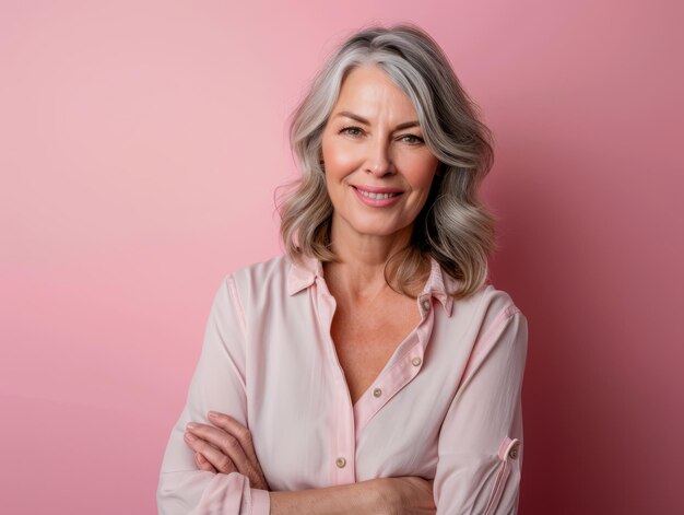 Foto retrato de una mujer mayor feliz con los brazos cruzados contra un fondo rosado