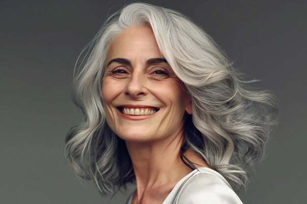 Retrato de una mujer mayor feliz con el cabello gris largo sobre un fondo gris