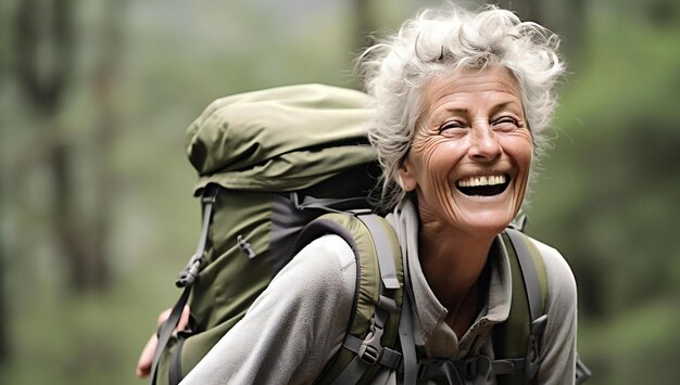Retrato de una mujer mayor feliz con mochila en el bosque