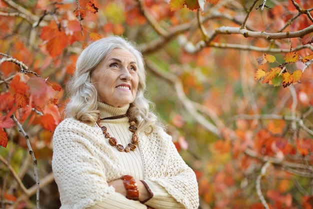 Retrato de una mujer mayor feliz en el parque otoño