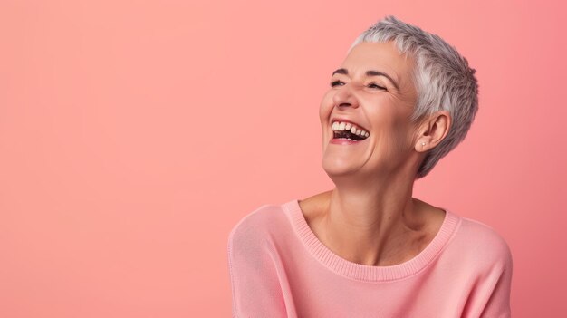 Retrato de una mujer mayor feliz riendo sobre un fondo rosado