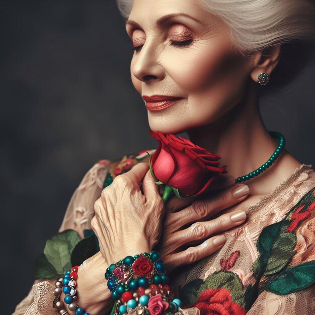 Foto retrato de una mujer mayor hermosa con rosas