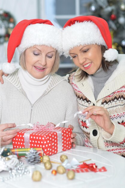 retrato, de, mujer mayor, y, mujer joven, con, regalo de navidad