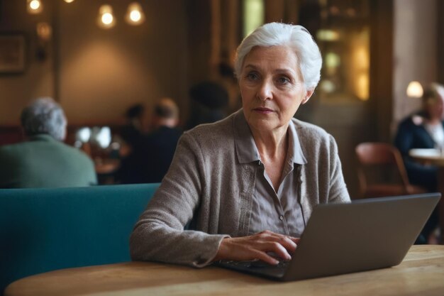 retrato de una mujer mayor sentada en un café y trabajando en una computadora portátil