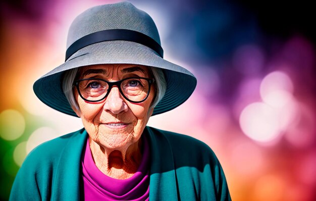 Retrato de una mujer mayor con sombrero y gafas contra un fondo colorido IA generativa