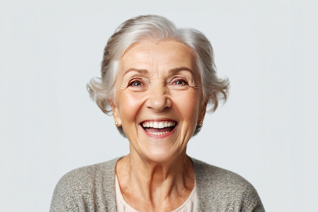 Retrato de una mujer mayor sonriendo mirando a la cámara riendo.