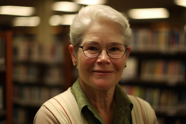 Foto retrato de una mujer mayor sonriente en una biblioteca con estanterías de libros en el fondo