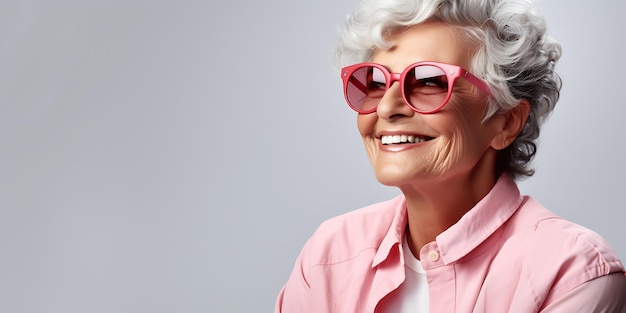 Retrato de una mujer mayor sonriente con gafas rosadas sobre un fondo gris