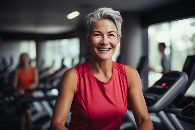 Foto retrato de una mujer mayor sonriente haciendo ejercicio en una cinta de correr en el gimnasio con un entrenador personal