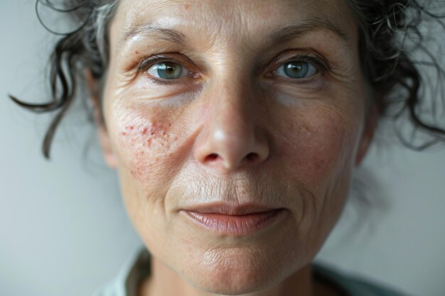 Retrato de una mujer de mediana edad con cáncer de piel fondo blanco ultra realista