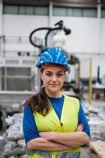 Retrato de mujer de mediana edad con casco dentro de fábrica