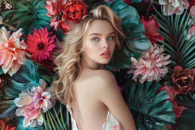 Retrato de una mujer en medio de flores y hojas de colores que exudan elegancia y belleza en una iluminación suave