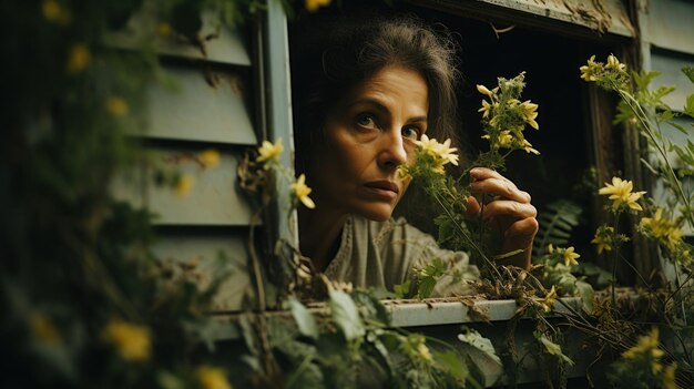 Retrato de una mujer mentalmente inestable y enferma en la ventana Concepto de trastornos mentales Persona loca