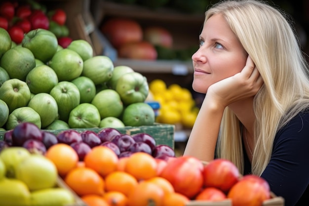 Retrato de una mujer mirando fruta fresca creada con ai generativa