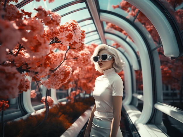 retrato de mujer de moda futurista con gafas de sol de alta costura de moda anuncio de gafas de fotografía
