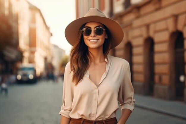 Retrato de una mujer de moda posando en la ciudad, moda callejera de verano, retrato riendo y sonriendo.