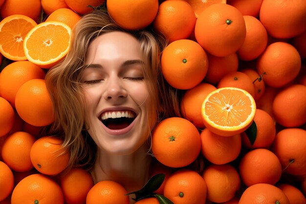 Retrato de una mujer modelo muy sonriente completamente rodeada de naranjas enteras cortadas por la mitad