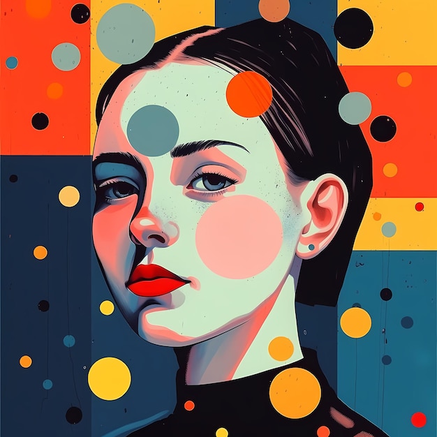 Retrato de mujer moderna de alta calidad estilo Bauhaus Colorido y lleno de puntos en el estilo de formas bloqueadas por colores Neoacademismo generativo sin género