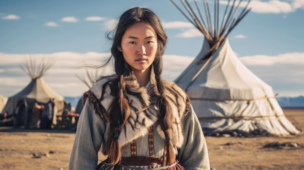 Retrato de una mujer mongol seria en las montañas y estepas de Mongolia en el contexto de un asentamiento generado por IA