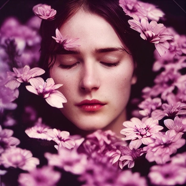 Retrato de mujer morena con los ojos cerrados y flores en representación 3d de fondo