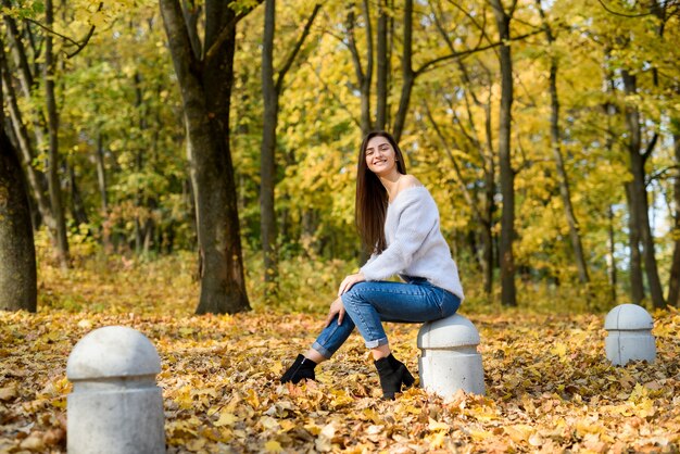 Retrato de mujer morena en ropa casual en el parque otoño. Colores amarillos alrededor de mujer hermosa