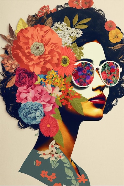 Retrato de una mujer con muchas flores Diseño de collage de papel de arte moderno abstracto Generativo ai