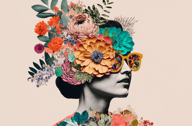 Retrato de una mujer con muchas flores Diseño de collage de papel de arte moderno abstracto Generativo ai