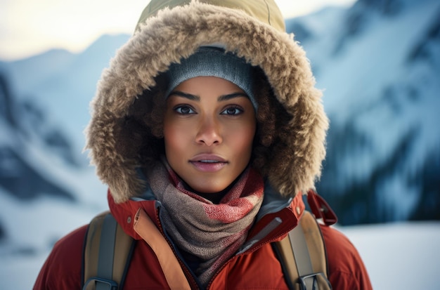 Retrato de una mujer multiétnica excursionista en invierno