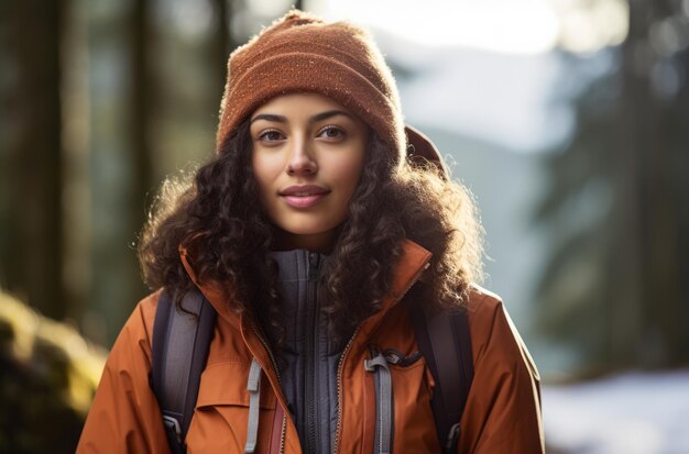 Retrato de una mujer multiétnica excursionista en invierno