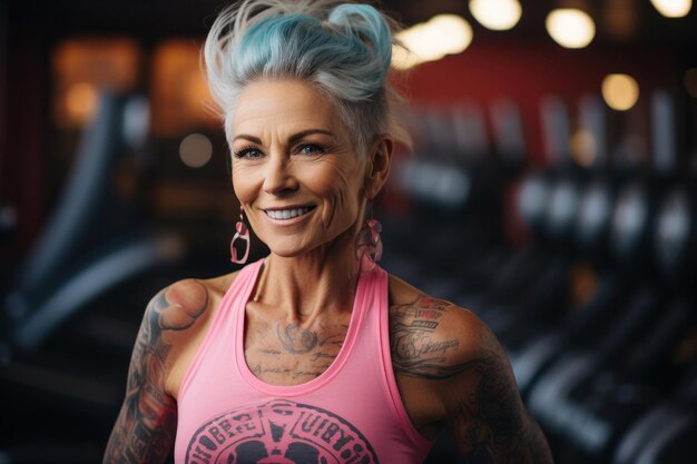 Foto retrato de una mujer musculosa de mediana edad con tatuajes que está feliz