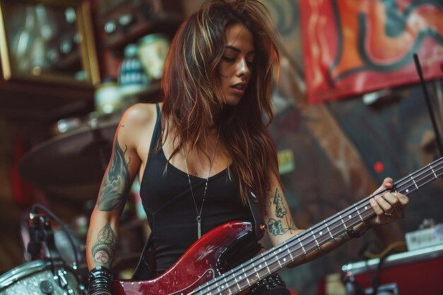 Foto retrato de una mujer músico tocando el bajo