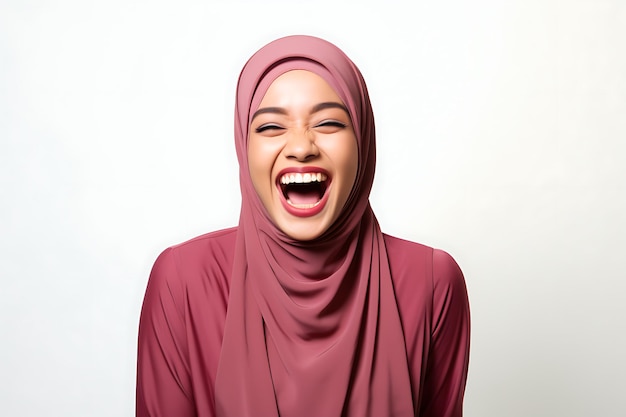 Retrato de una mujer musulmana asiática con hijab riendo sobre un fondo blanco