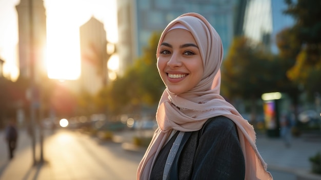 Retrato de una mujer musulmana feliz sonriendo y disfrutando del momento en la ciudad