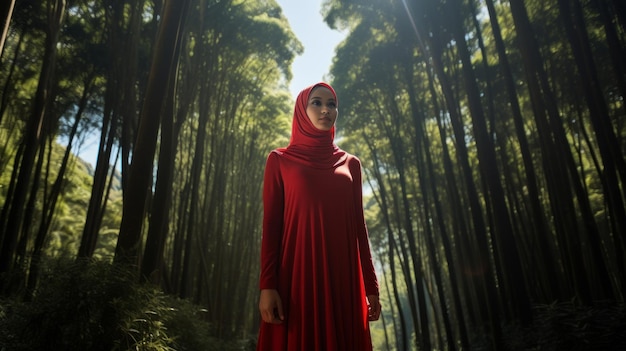 Retrato de una mujer musulmana con hijab rojo al aire libre generado por una red neuronal