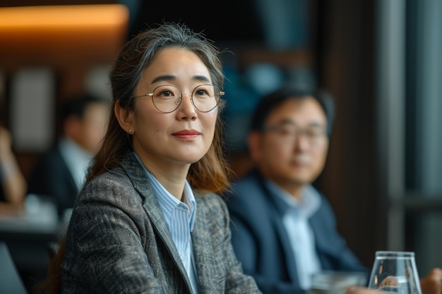 Retrato de una mujer de negocios asiática sonriendo y mirando a la cámara en la sala de reuniones