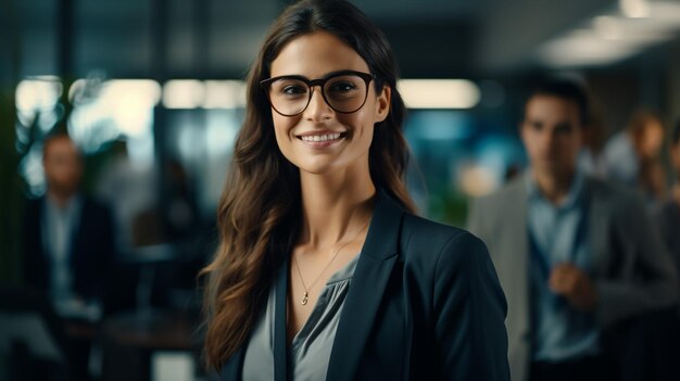 retrato de una mujer de negocios exitosa en el fondo de la oficina