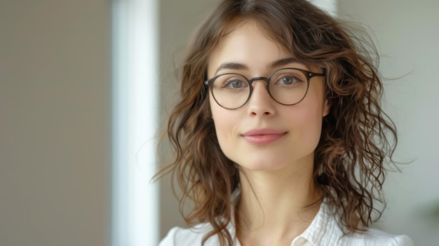 Retrato de una mujer de negocios con gafas y una camisa en un fondo claro
