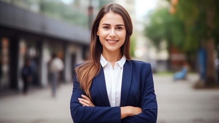 Retrato de una mujer de negocios madura sonriendo con emociones en los modernos edificios urbanos y de oficinas b