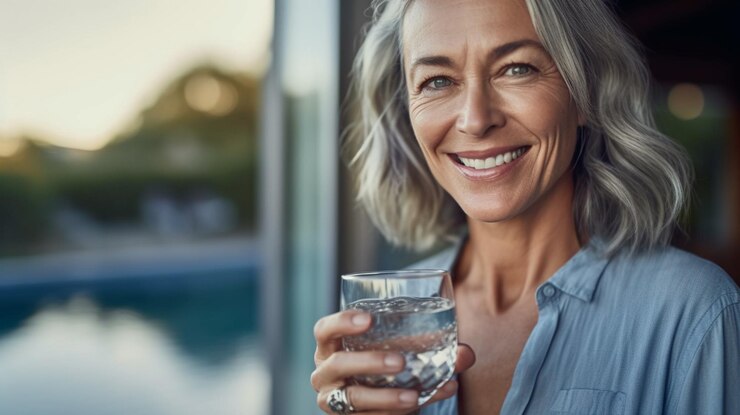 Retrato de una mujer de negocios madura sonriente sosteniendo un vaso de agua generativa ai