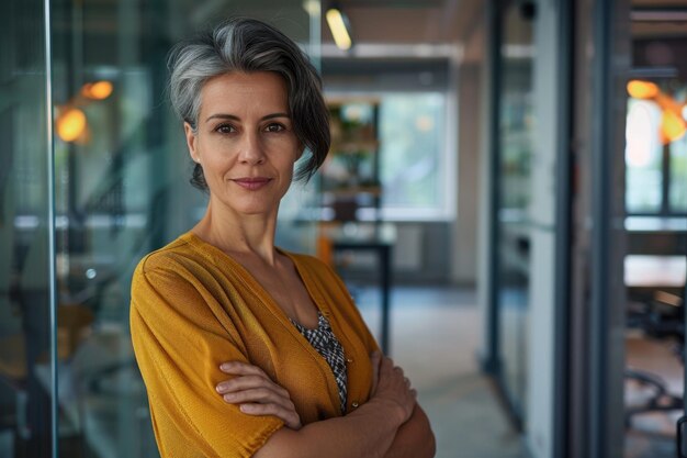 Retrato de una mujer de negocios de mediana edad con confianza en una oficina moderna