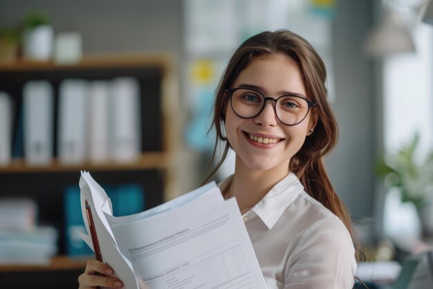 Retrato de una mujer de negocios del milenio sonriente sosteniendo documentos