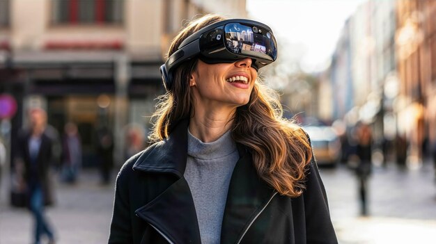 Retrato de una mujer de negocios morena sonriendo y usando un casco de realidad aumentada