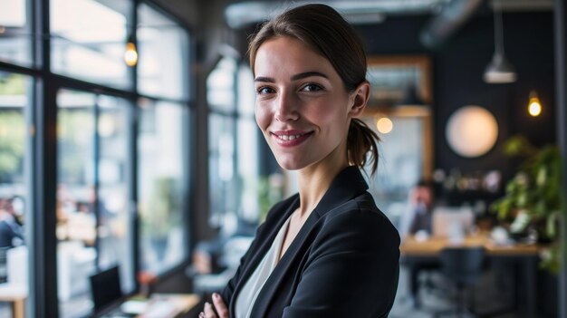 Retrato de una mujer de negocios de pie sonriendo en una oficina moderna