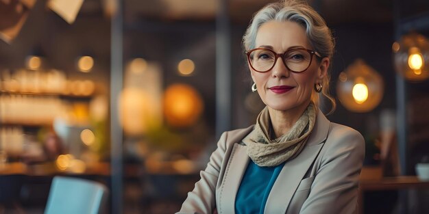 Retrato de mujer de negocios sénior elegante en un elegante café confiada y graciosa profesionalismo maduro en el lugar de trabajo IA