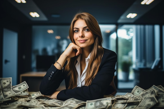 Retrato de una mujer de negocios sentada en la oficina con dinero trabajando y obteniendo ganancias posando feliz